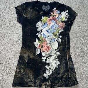 Xzavier Women's S Black V Neck Glitter Floral Top T Shirt Rare!